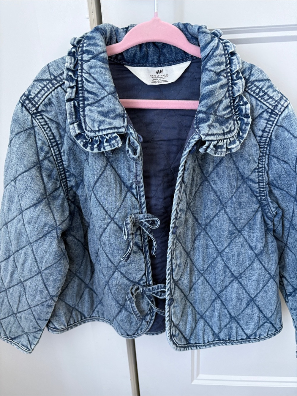 H&M Quilted Light Blue Denim Jacket with Ruffle Collar